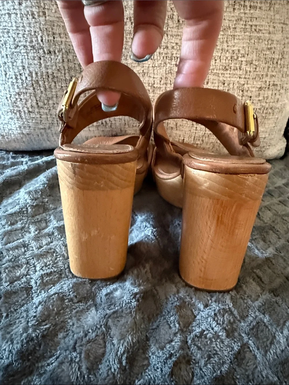 Frye Tan Leather Platform Wedge Sandals